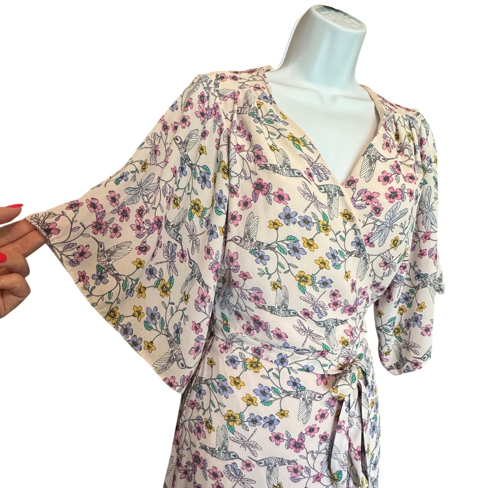 Liquorish Floral Hummingbird Wrap Kimono Maxi Dress 10/38 Garden Party Dainty
